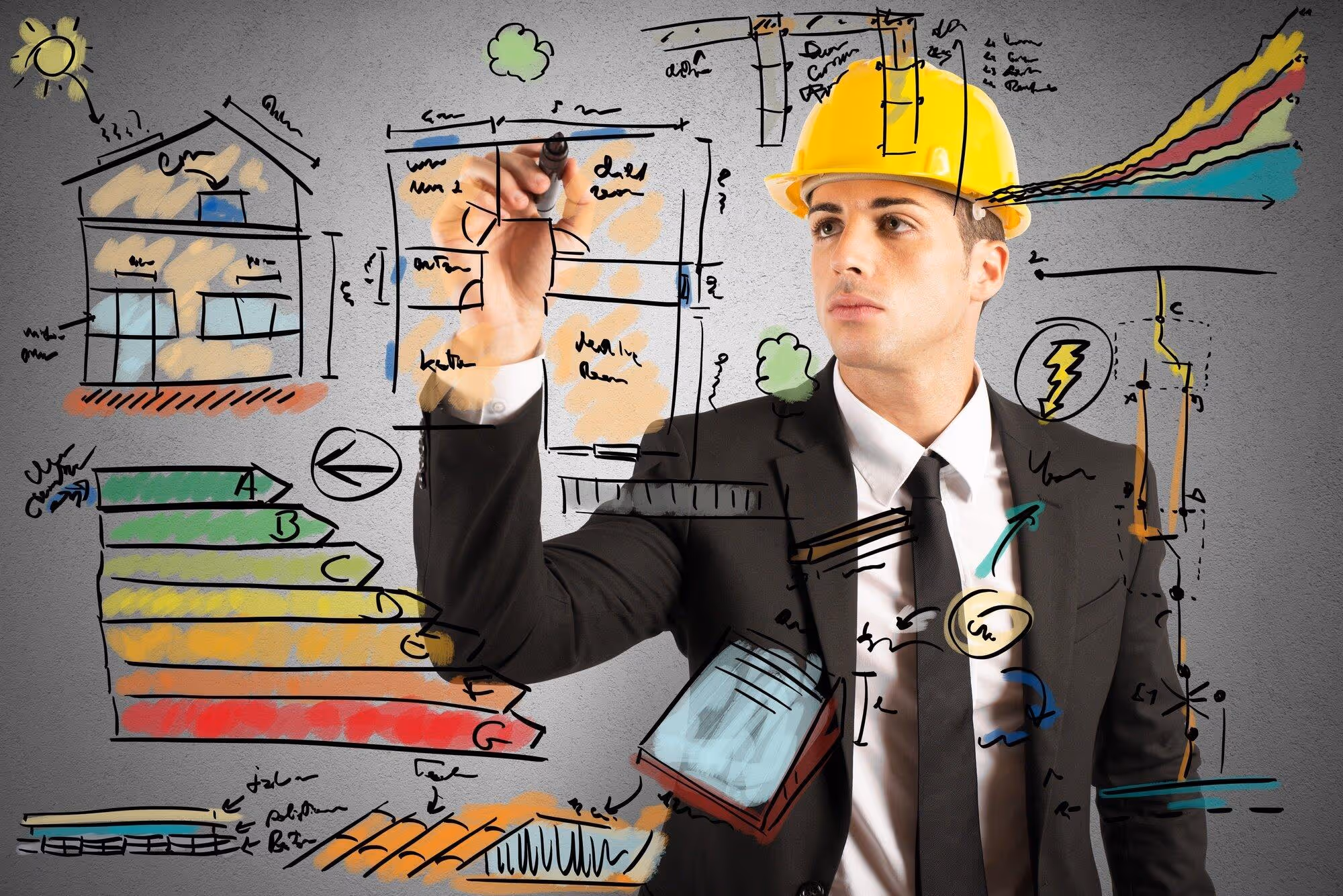 Engineer drawing building plans and energy efficiency charts