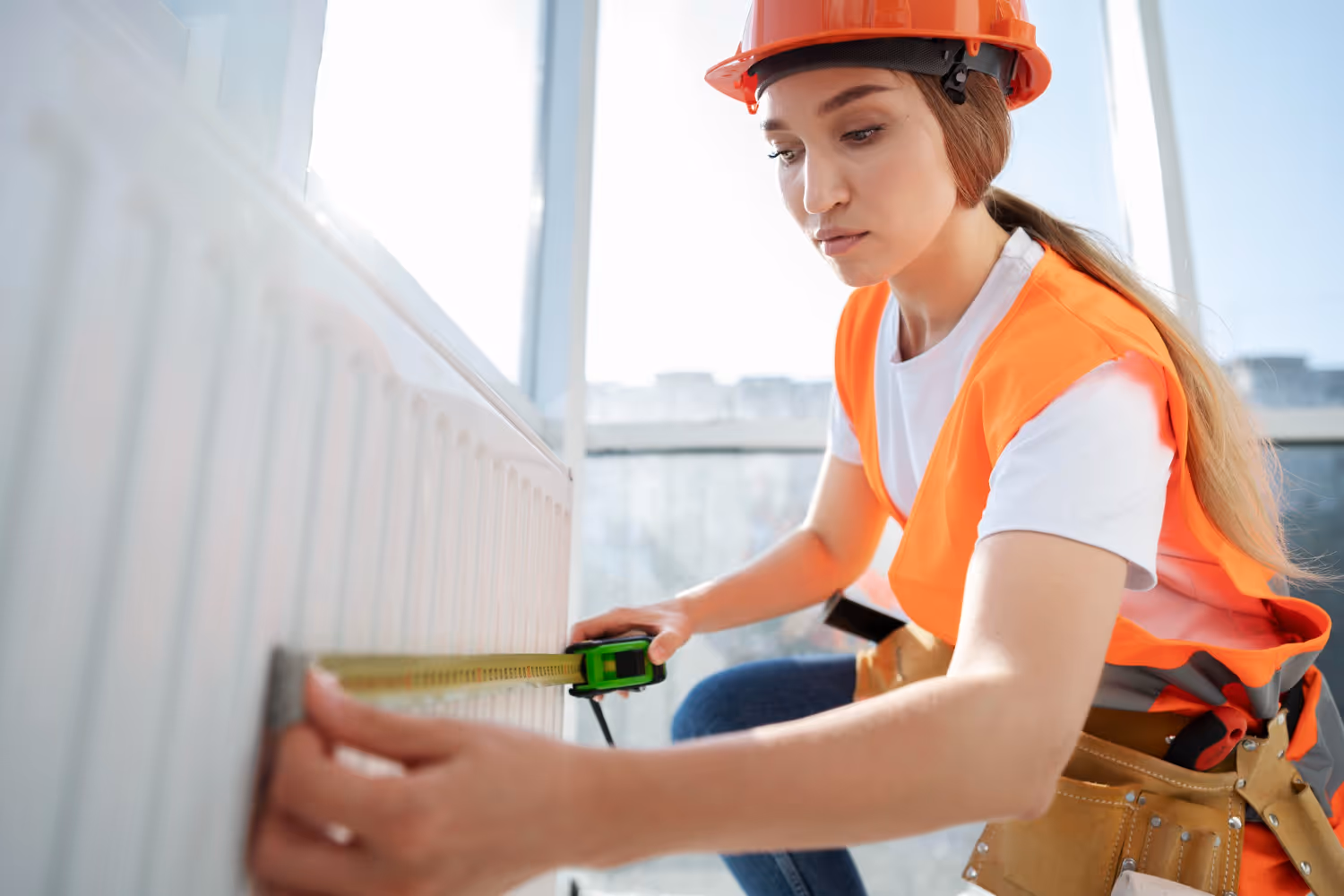 Construction worker in safety gear measuring wall with tape measure
