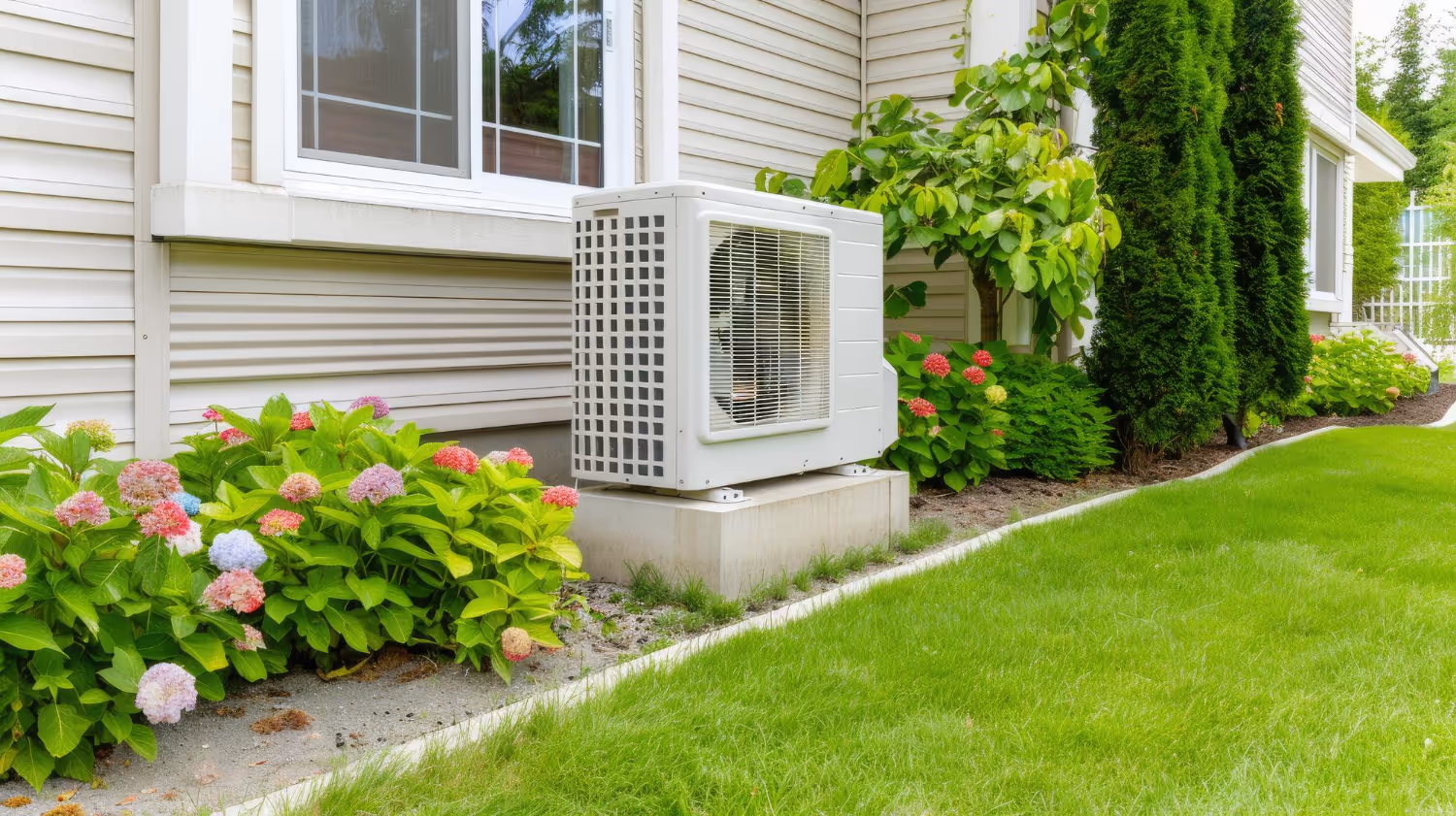 White air conditioning unit beside hydrangea flowers in manicured yard