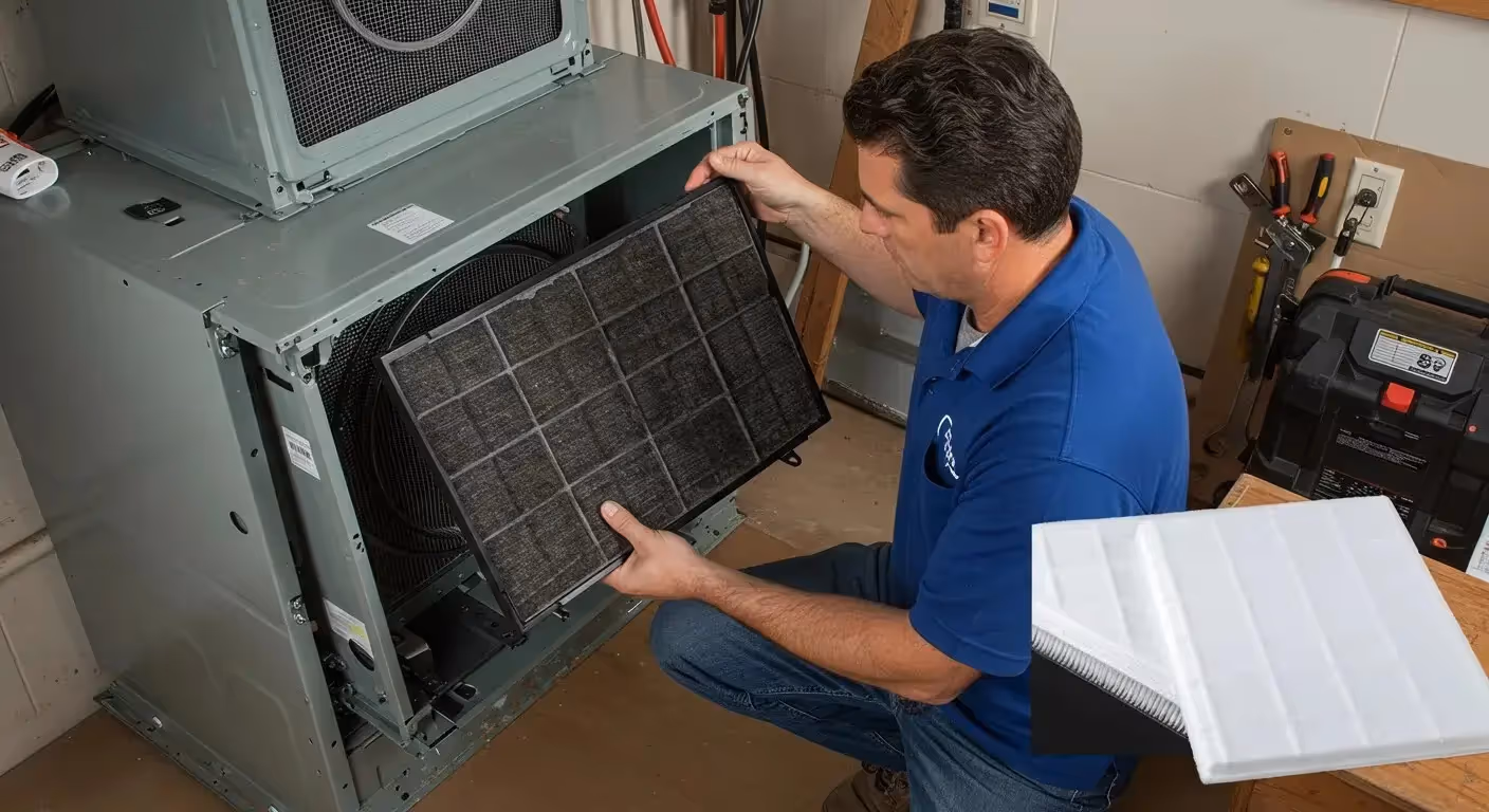 A technician wearing a blue polo shirt and jeans is holding a very dirty, pleated air filter that has been removed from a large HVAC unit. In the bottom right corner, a clean, white pleated air filter is shown for comparison.