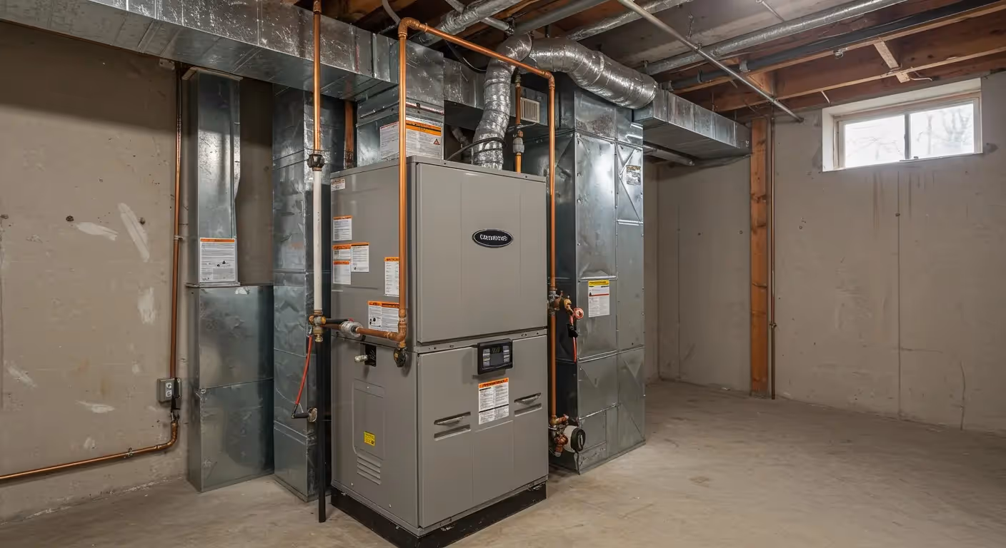 A new, modern gray furnace is installed in a clean basement with exposed wooden joists and a small window.
