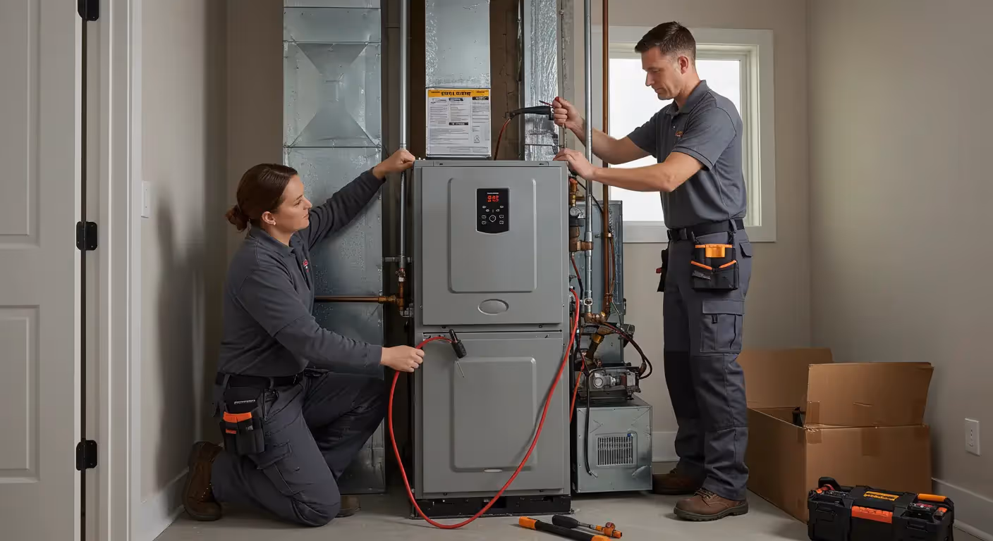 Two technicians with tools are working together to install or service a heating unit in a home environment.