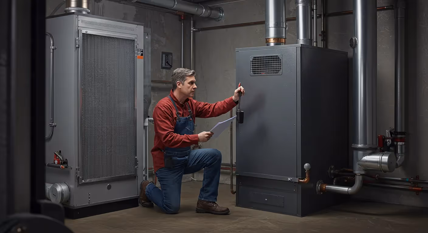 Technician checking industrial equipment in mechanical room with heating units