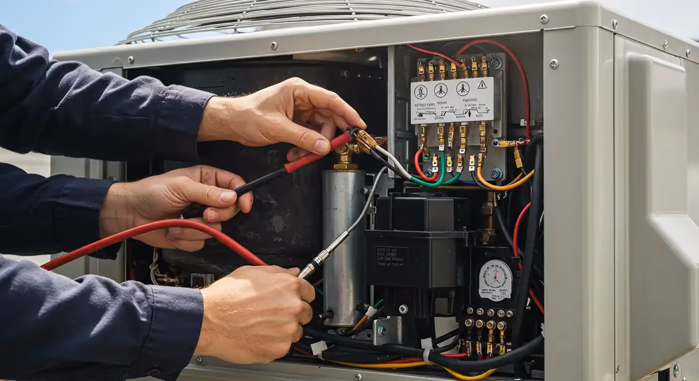 Technician checking electrical connections in an HVAC system control panel