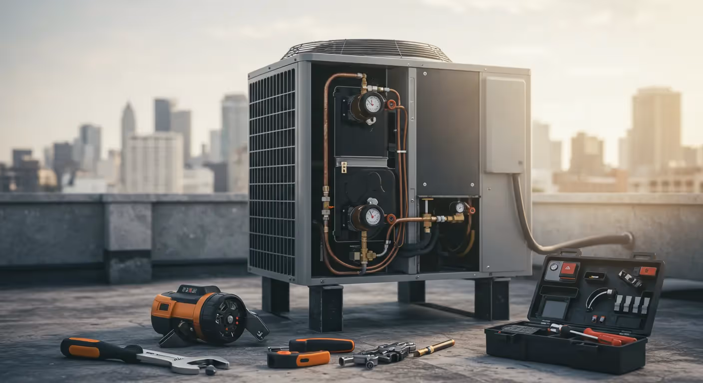 An air conditioning unit sits on a rooftop, surrounded by tools and a toolkit, with a city skyline in the background during sunset.