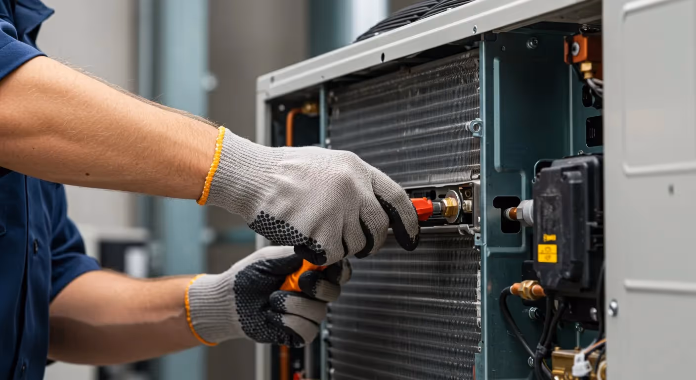 Technician's gloved hands working on an open AC unit.