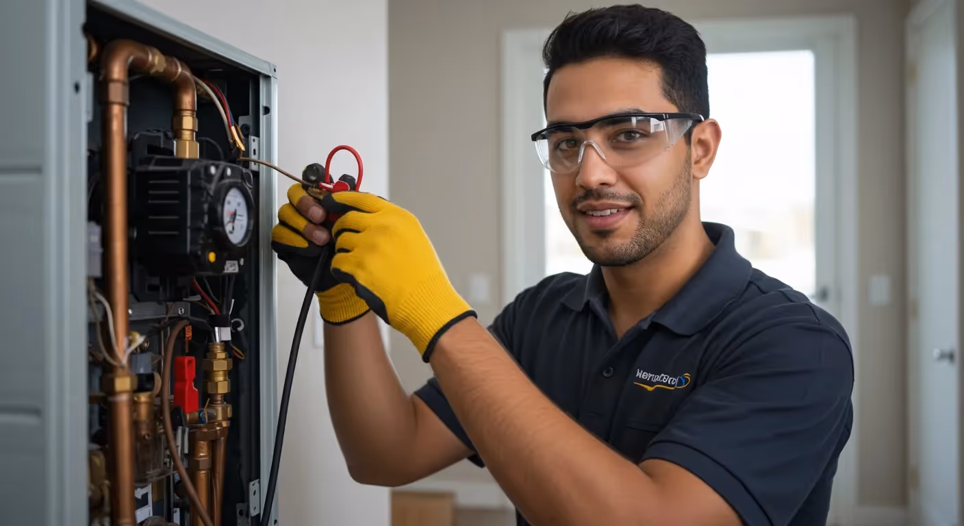 Man in safety glasses repairing a heating system.