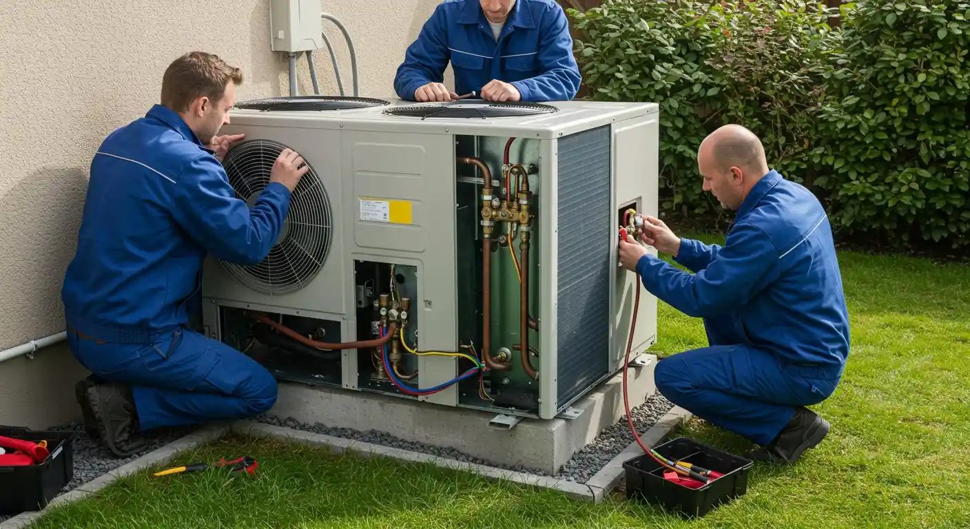 Three technicians in blue uniforms replacing a heat pump.