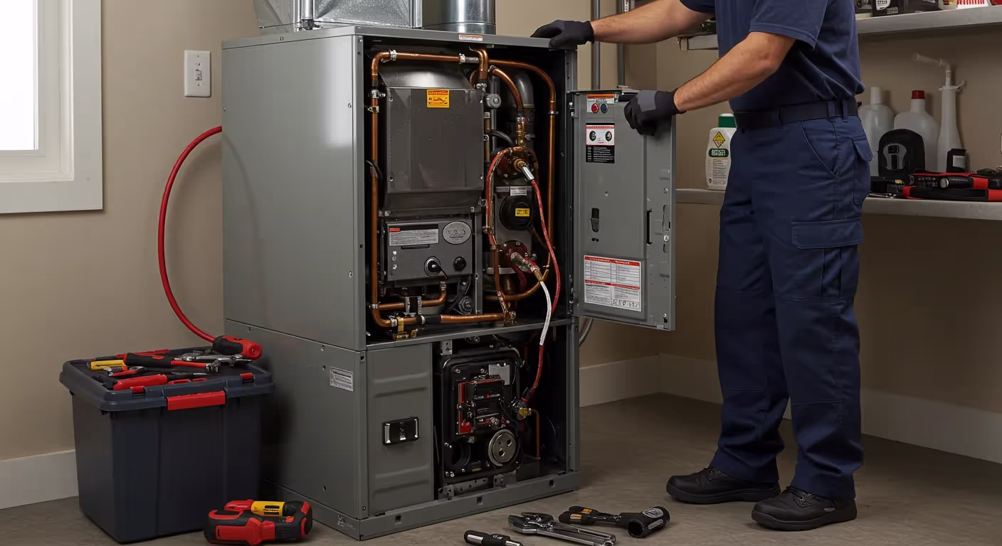 Technician repairing a furnace with tools and open equipment panel