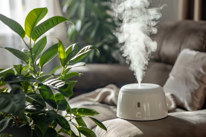 White diffuser emitting steam next to green houseplant on cozy sofa