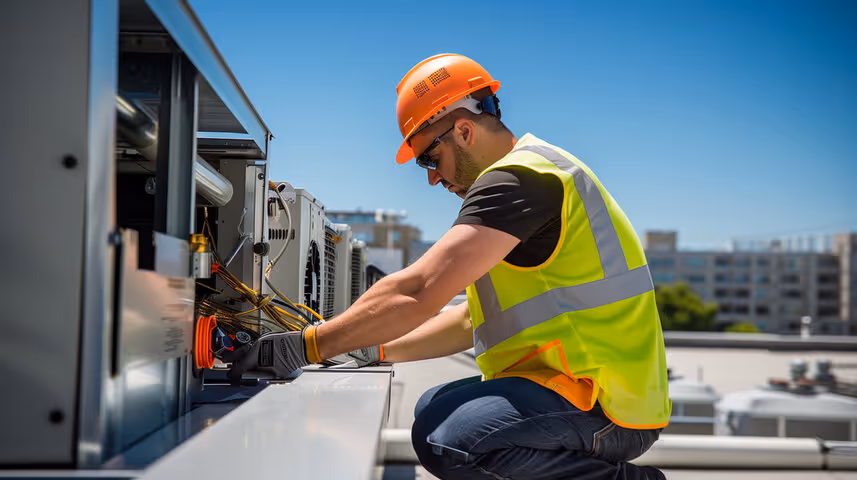 Technician in safety gear repairs electrical equipment on rooftop