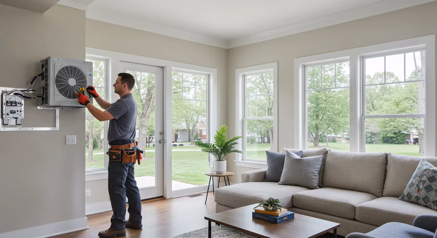 Technician installing air conditioning unit in bright, modern living room