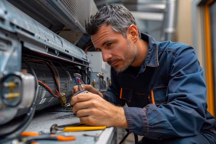 Technician carefully repairing industrial machinery with precision tools