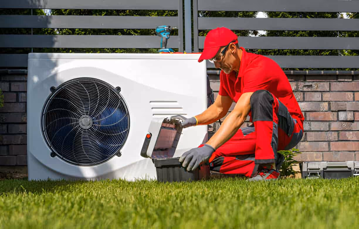 Technician in red uniform repairing air conditioning unit outdoors