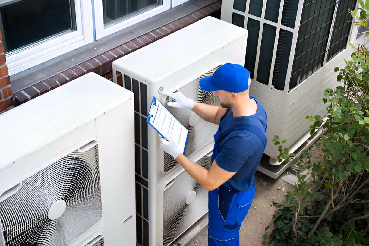 Technician in blue uniform checking external air conditioning unit