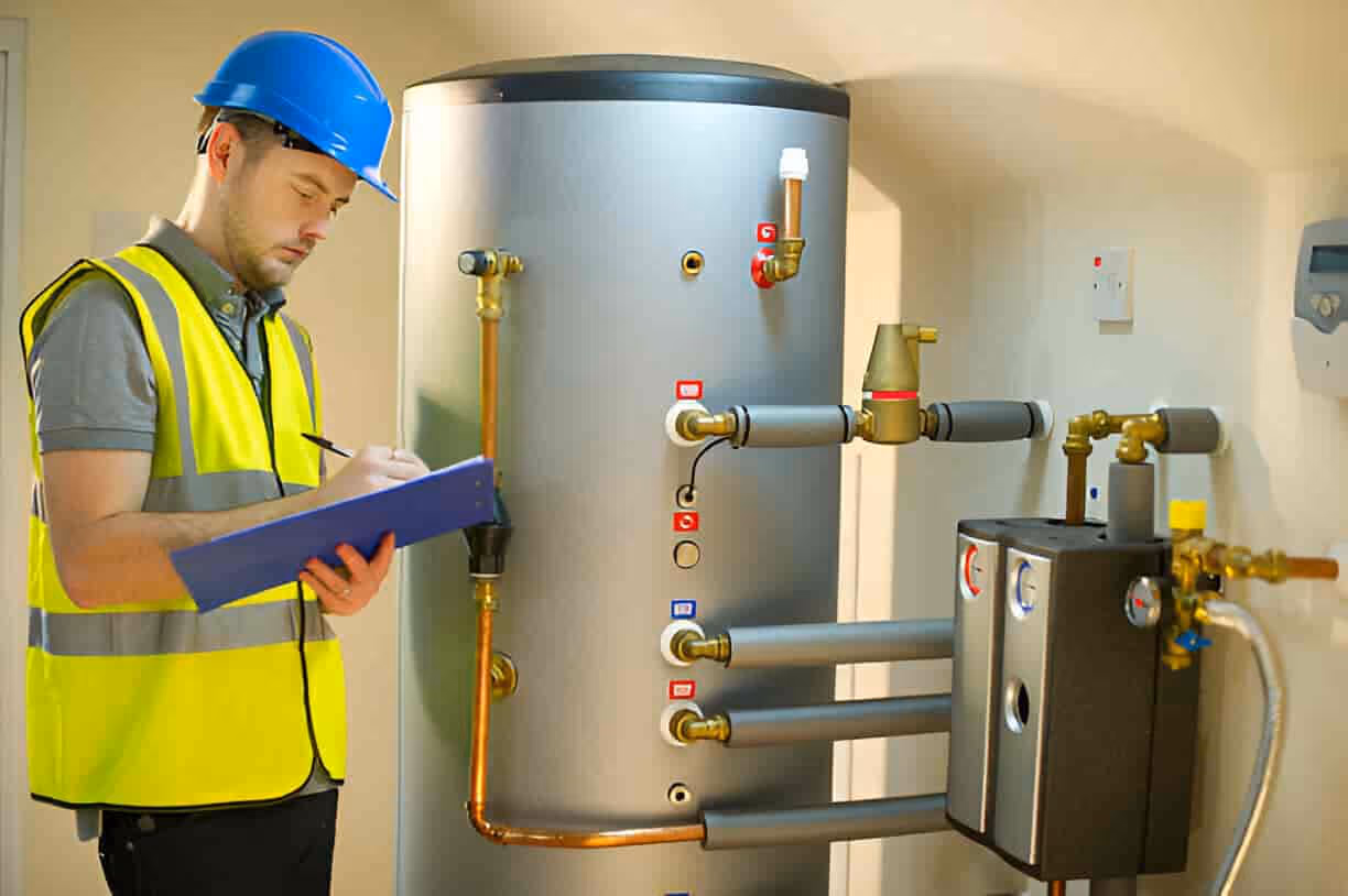 Technician in safety vest inspecting large water heater and boiler system