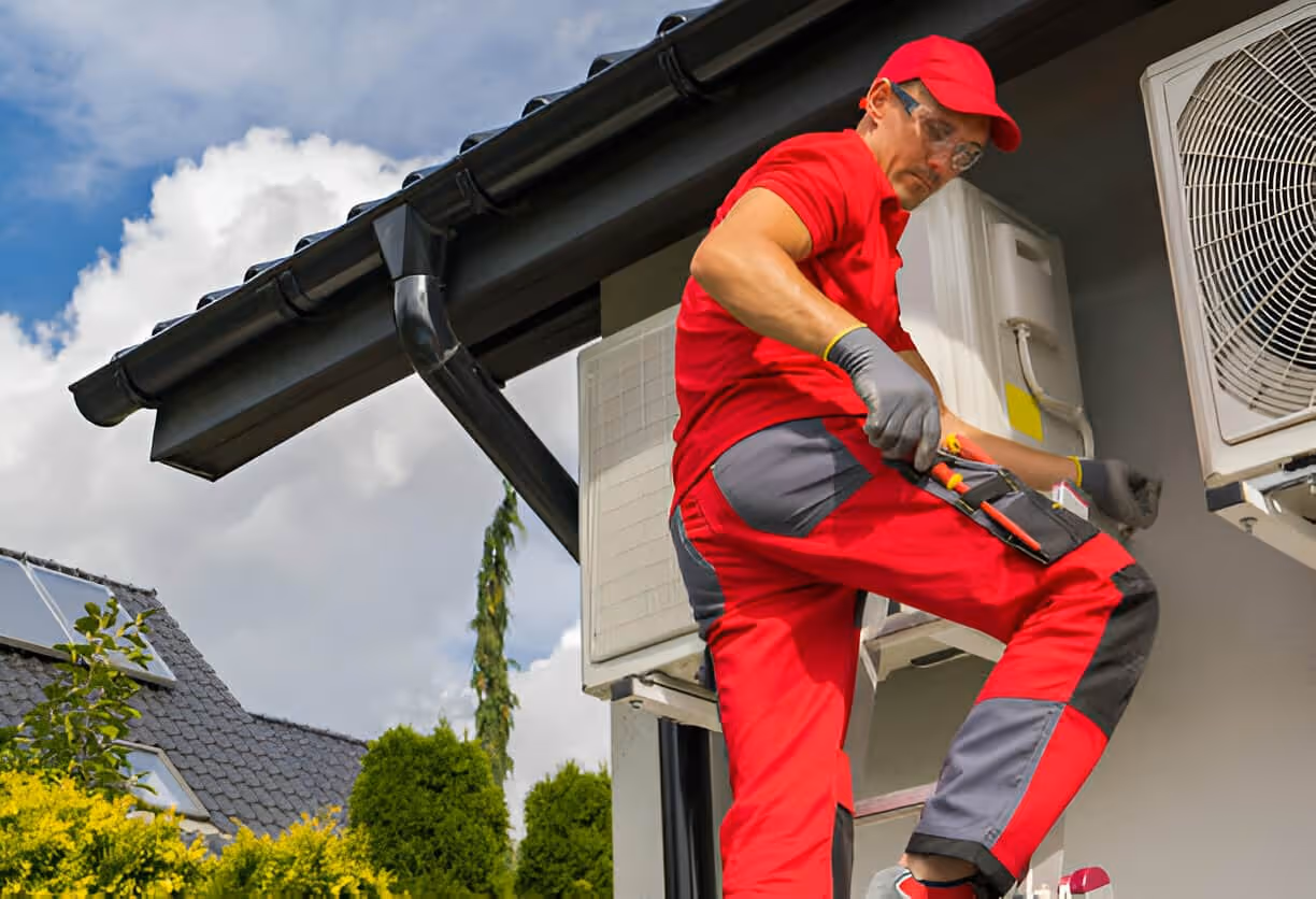 Technician in red uniform installing or repairing outdoor air conditioning unit