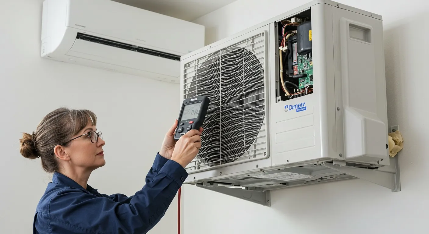 Technician checking air conditioning unit with remote control