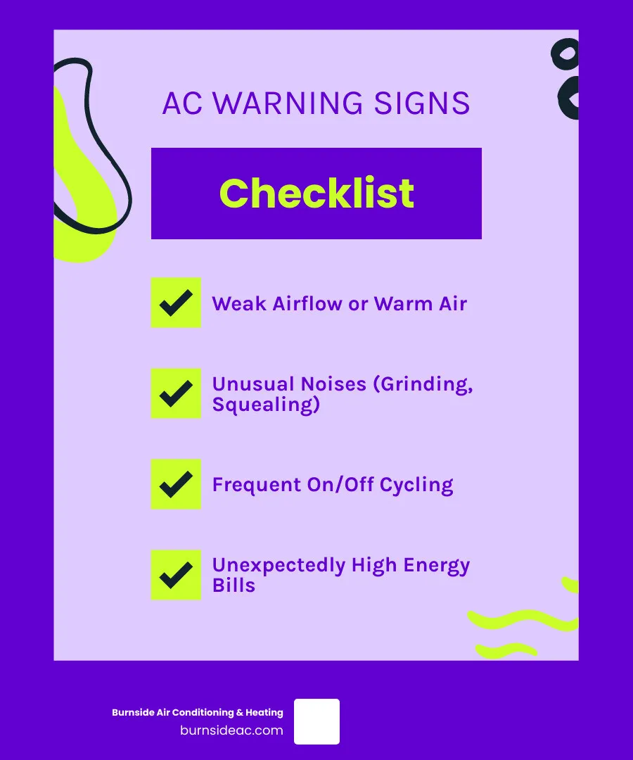 Infographic showing the top 5 warning signs your McKinney AC needs immediate repair: weak airflow from vents, unusual noises like grinding or squealing, warm air blowing instead of cool air, frequent cycling on and off, and higher than normal energy bills - ac repair contractors in mckinney tx infographic checklist-fun-neon