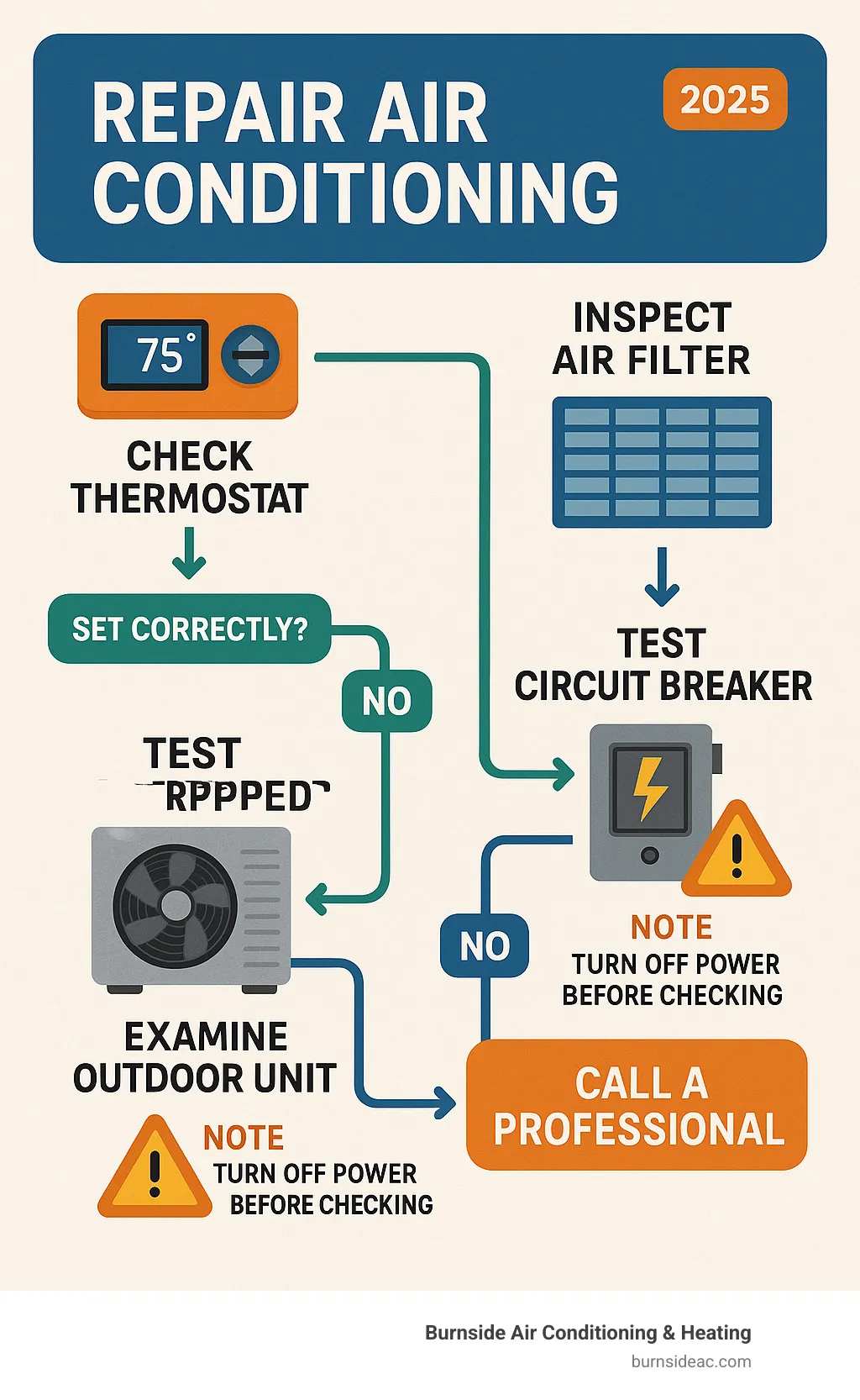 Infographic showing the step-by-step process for diagnosing common AC problems, including checking thermostat settings, inspecting air filters, testing circuit breakers, examining the outdoor unit, and identifying when to call a professional, with clear decision points and safety warnings - repair air conditioning infographic