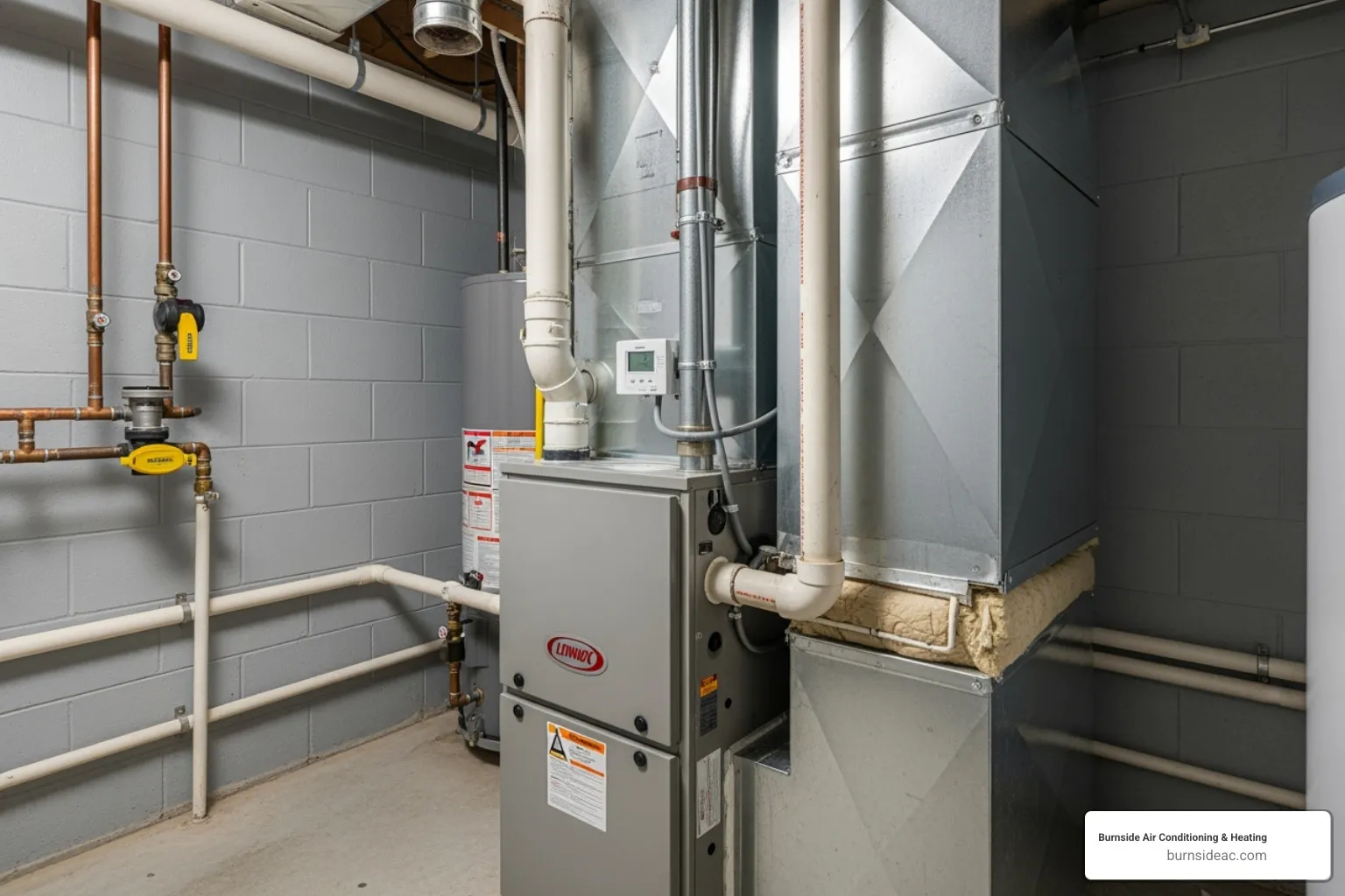 A modern high-efficiency gas furnace with visible ductwork connections in a utility room - Best heating solution