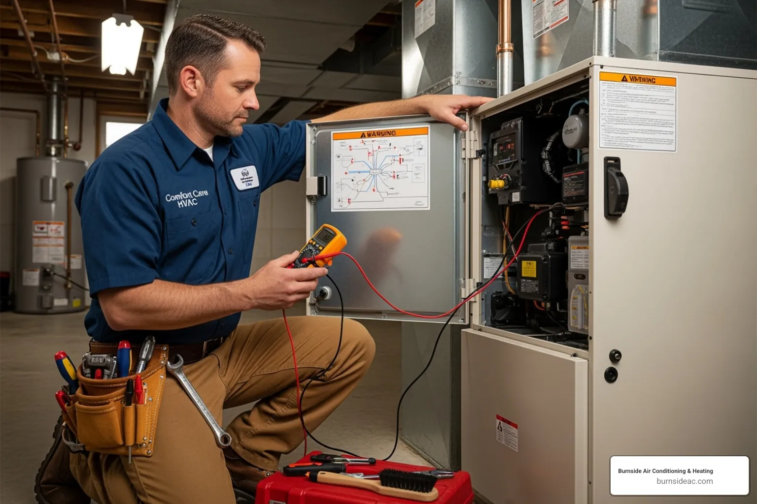 An HVAC technician performing a heating tune-up on an indoor furnace unit - Best heating solution