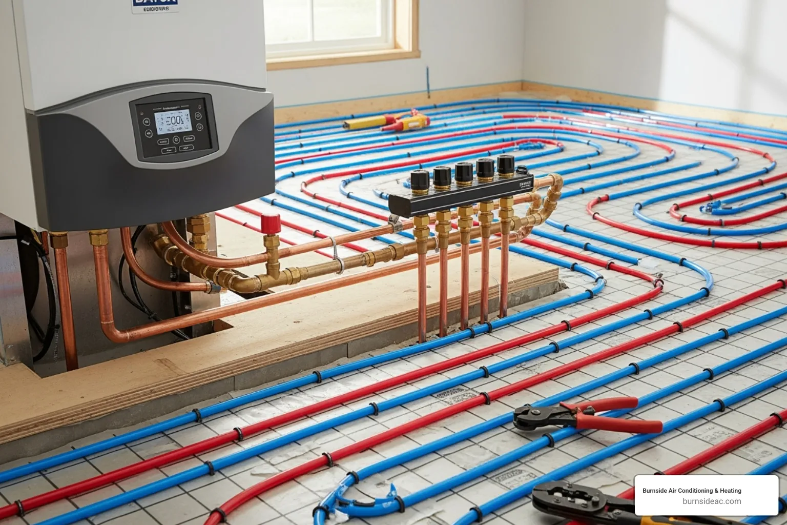 A modern boiler system with radiant floor heating tubes visible during installation - Best heating solution