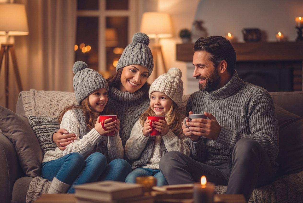 Cozy family enjoying warm living room during winter - furnace replacement affordable in mckinney, tx