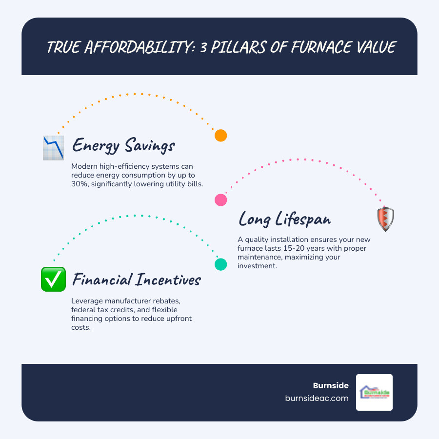 Infographic showing three key pillars of furnace replacement value: a dollar sign with downward arrow representing 30% energy savings from high-efficiency systems, a shield icon representing 15-20 year lifespan with proper installation, and a checklist showing available rebates and tax credits that reduce upfront costs - furnace replacement affordable in mckinney, tx infographic infographic-line-3-steps-blues-accent_colors