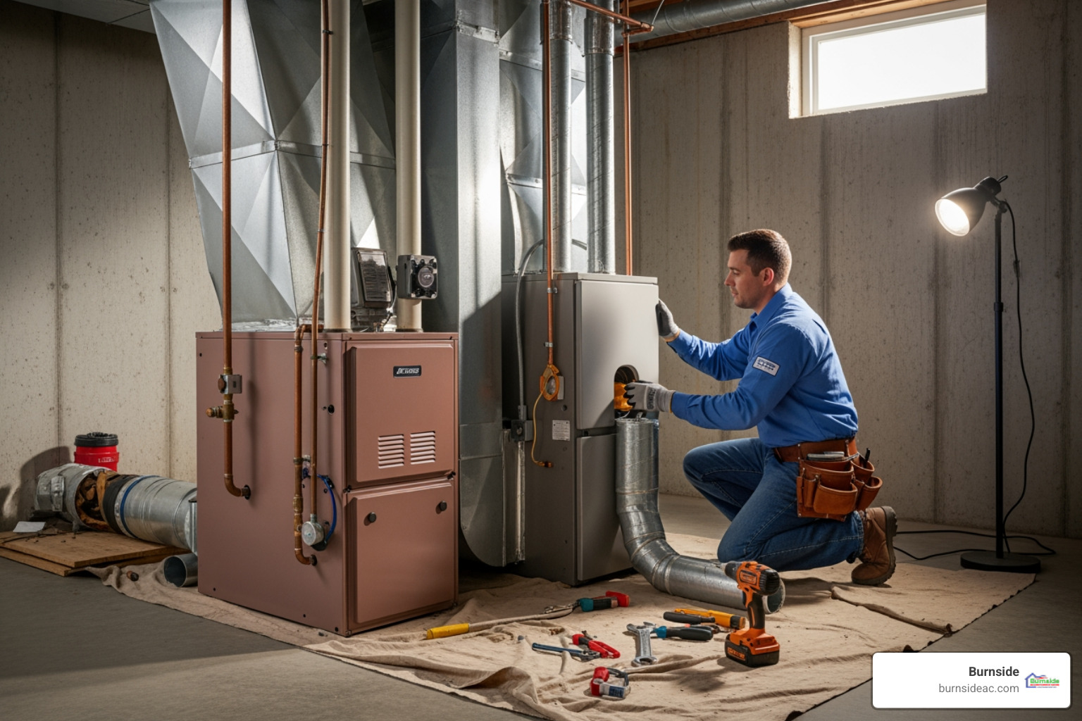 infographic showing the 5 warning signs of a failing furnace: age over 15 years, rising energy bills and frequent repairs, inconsistent heating with strange noises, poor indoor air quality, and visible wear with safety hazards like rust and yellow pilot light - furnace replacement local in mckinney, tx