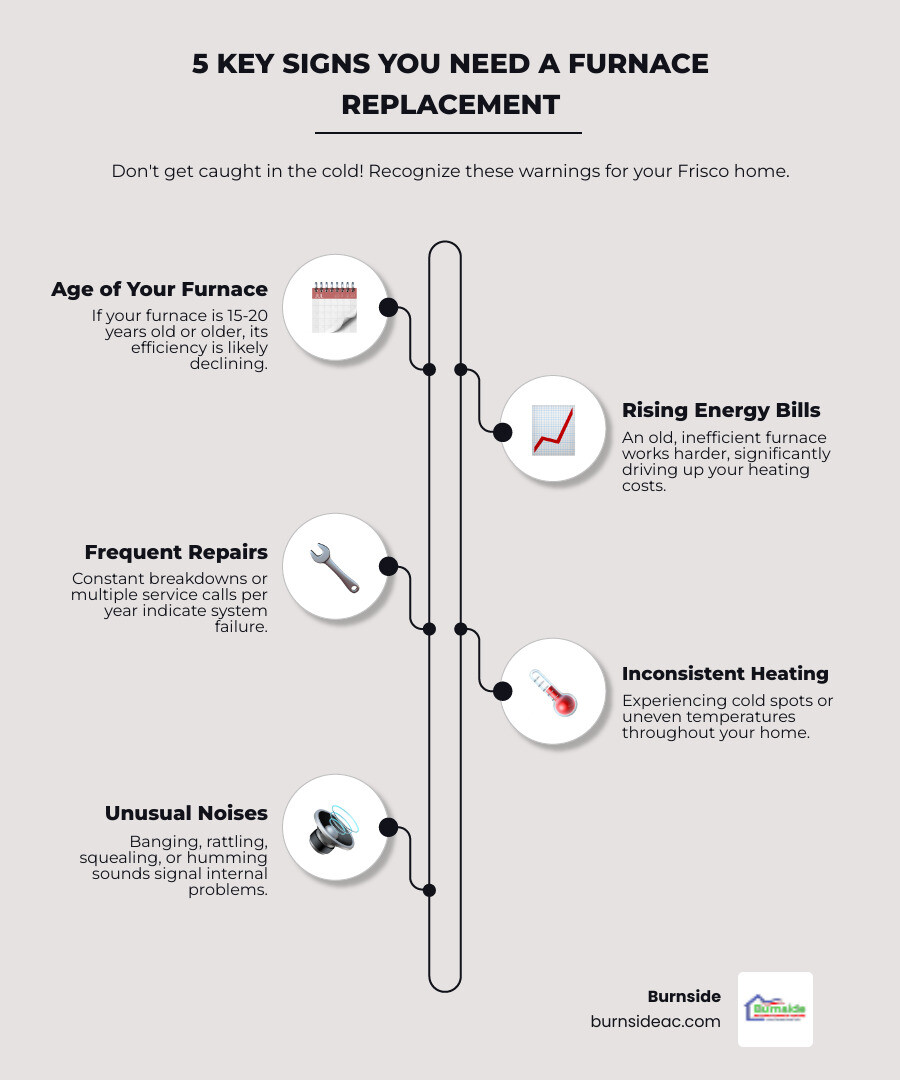 infographic showing five key warning signs that indicate your home needs a new furnace: furnace age over 15 years with a calendar icon, rising energy bills with an upward trending graph, frequent repair calls with a wrench icon, uneven heating throughout rooms with temperature zones, and unusual noises like banging or rattling with sound wave symbols - furnace replacement home in frisco, tx infographic infographic-line-5-steps-elegant_beige infographic showing five key warning signs that indicate your home needs a new furnace: furnace age over 15 years with a calendar icon, rising energy bills with an upward trending graph, frequent repair calls with a wrench icon, uneven heating throughout rooms with temperature zones, and unusual noises like banging or rattling with sound wave symbols - furnace replacement home in frisco, tx infographic infographic-line-5-steps-elegant_beige