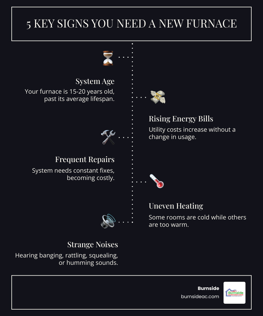 Infographic showing 5 key signs you need furnace replacement: system age over 15 years, rising energy bills, frequent costly repairs, inconsistent heating throughout home, and strange noises like banging or rattling - furnace replacement in frisco, tx infographic infographic-line-5-steps-dark Infographic showing 5 key signs you need furnace replacement: system age over 15 years, rising energy bills, frequent costly repairs, inconsistent heating throughout home, and strange noises like banging or rattling - furnace replacement in frisco, tx infographic infographic-line-5-steps-dark