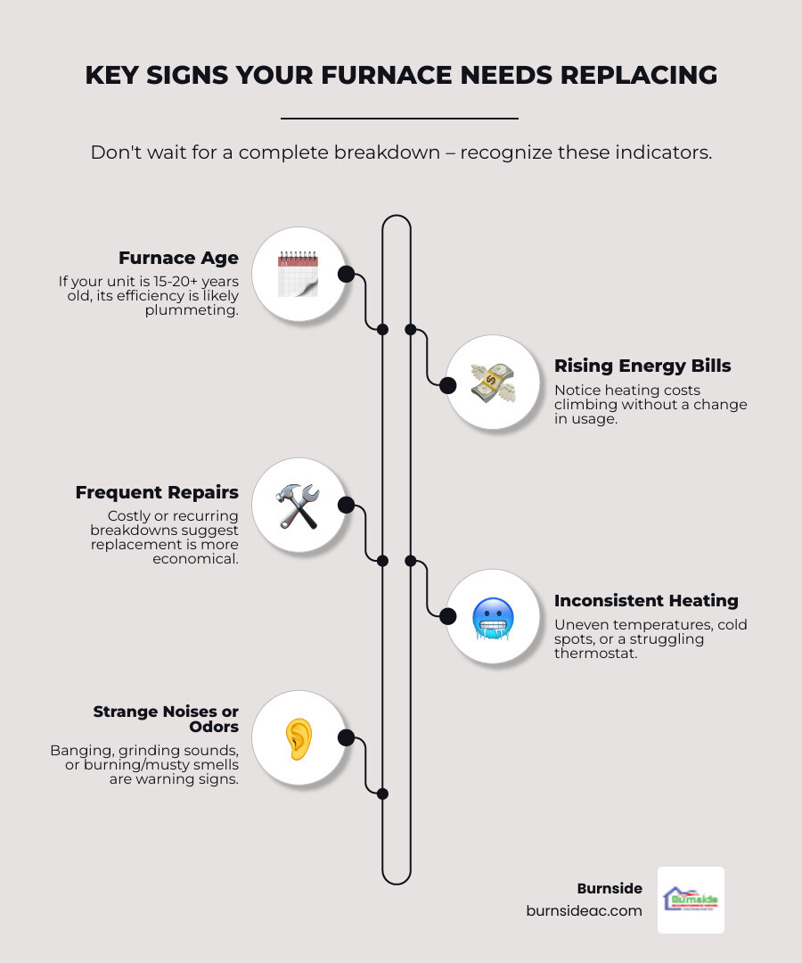 infographic showing the 5 key signs you need furnace replacement: furnace age over 15 years, rising energy bills, frequent repairs costing more than half of replacement, inconsistent heating and cold spots, and strange noises or burning smells - furnace replacement top rated in frisco, tx infographic infographic-line-5-steps-elegant_beige infographic showing the 5 key signs you need furnace replacement: furnace age over 15 years, rising energy bills, frequent repairs costing more than half of replacement, inconsistent heating and cold spots, and strange noises or burning smells - furnace replacement top rated in frisco, tx infographic infographic-line-5-steps-elegant_beige