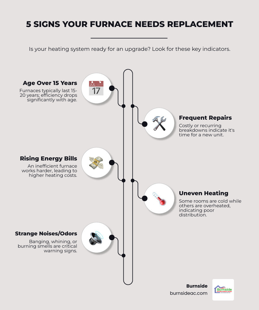 infographic showing five key signs a furnace needs replacement including system age over 15 years, frequent repair calls, rising energy bills, uneven heating throughout the home, and strange noises or odors - furnace replacement near me in melissa, tx infographic infographic-line-5-steps-elegant_beige infographic showing five key signs a furnace needs replacement including system age over 15 years, frequent repair calls, rising energy bills, uneven heating throughout the home, and strange noises or odors - furnace replacement near me in melissa, tx infographic infographic-line-5-steps-elegant_beige