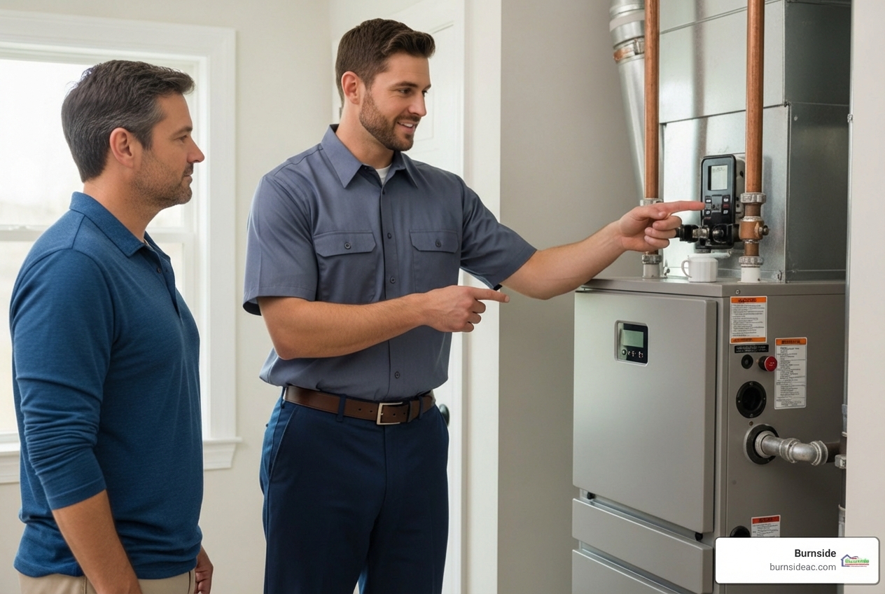 Infographic showing the 5 critical steps for furnace replacement in Plano TX: 1. Identify replacement need by checking system age and performance signs, 2. Learn benefits of high-efficiency systems with AFUE ratings up to 98.5%, 3. Choose between gas or electric based on home needs and proper Manual J sizing, 4. Vet contractors for licensing, NATE certification, and local reputation, 5. Ensure quality installation with proper ductwork integration and safety testing - furnace replacement local in plano, tx