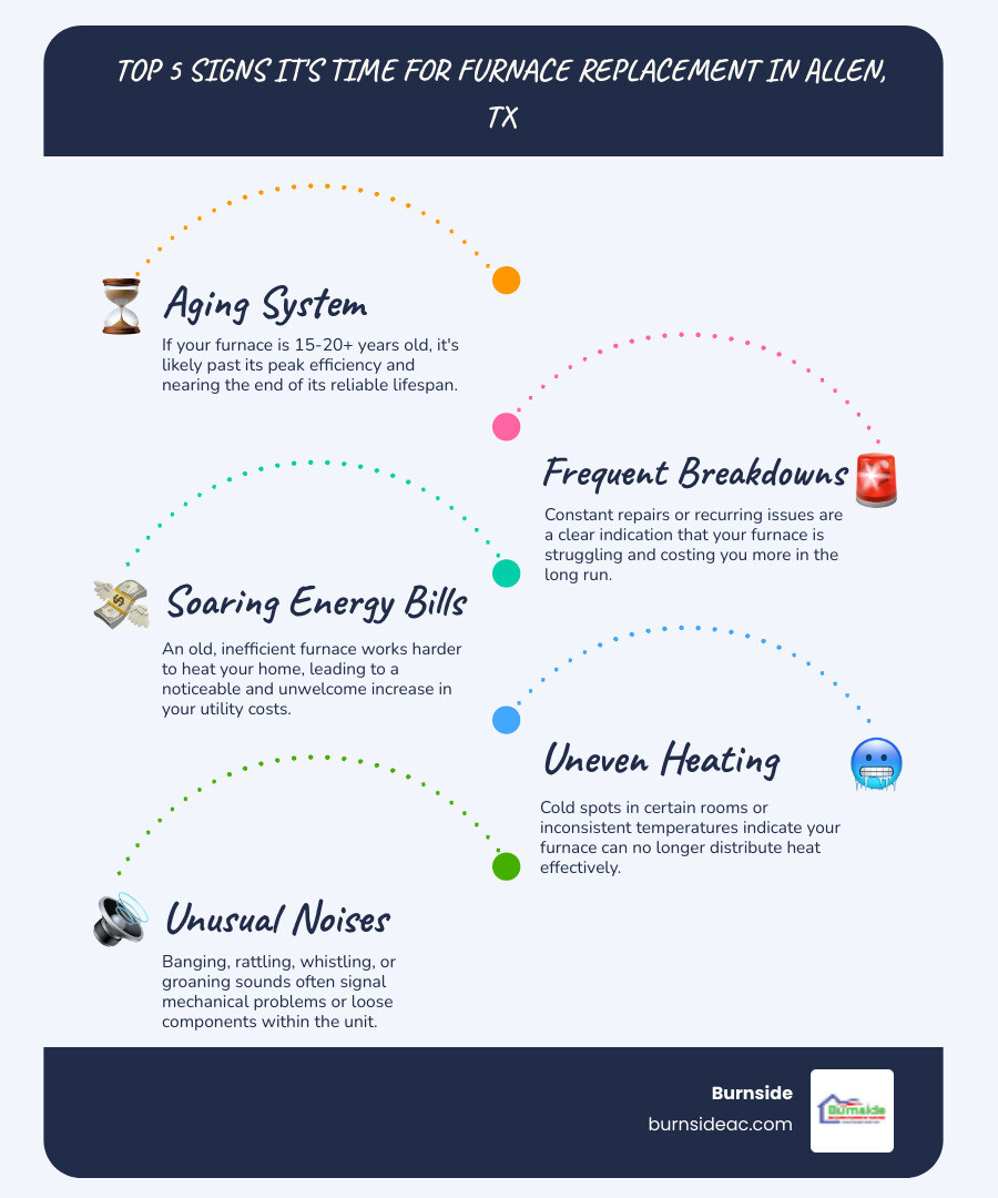 infographic showing the top 5 signs it's time to replace your furnace: age over 15-20 years, frequent repairs, rising energy bills, uneven heating throughout the home, and strange noises like banging or rattling - furnace replacement in allen, tx infographic infographic-line-5-steps-blues-accent_colors