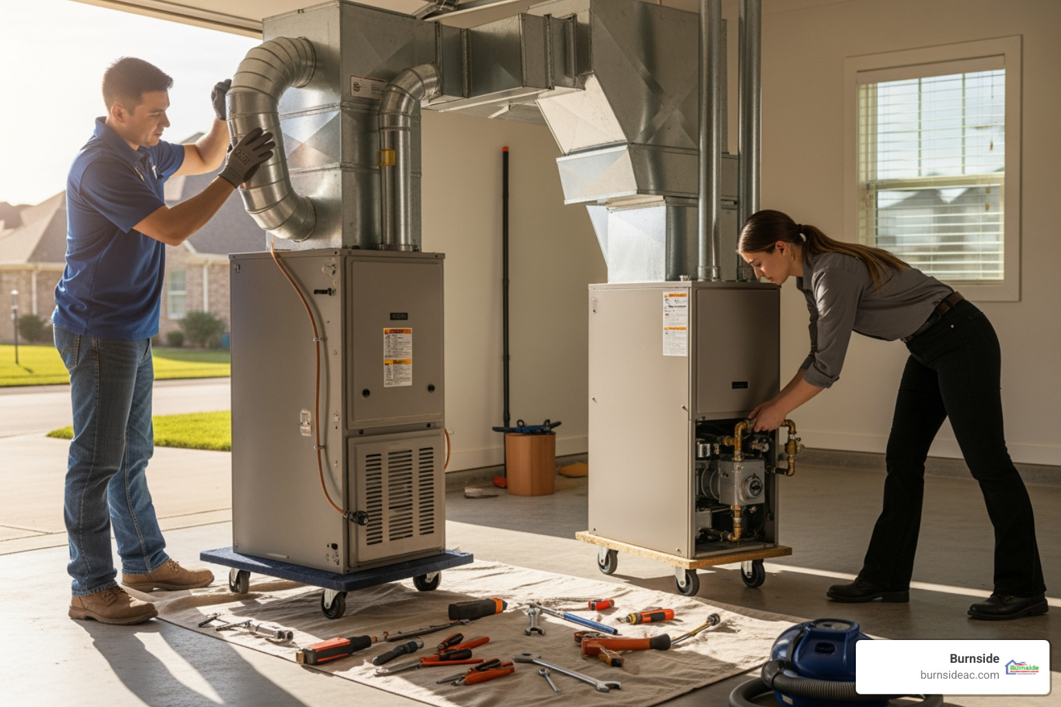 Infographic showing five warning signs for furnace replacement: furnace age over 15 years, frequent repair calls, rising monthly energy bills, inconsistent room temperatures throughout the home, and unusual noises like banging or squealing from the unit - furnace replacement in anna, tx