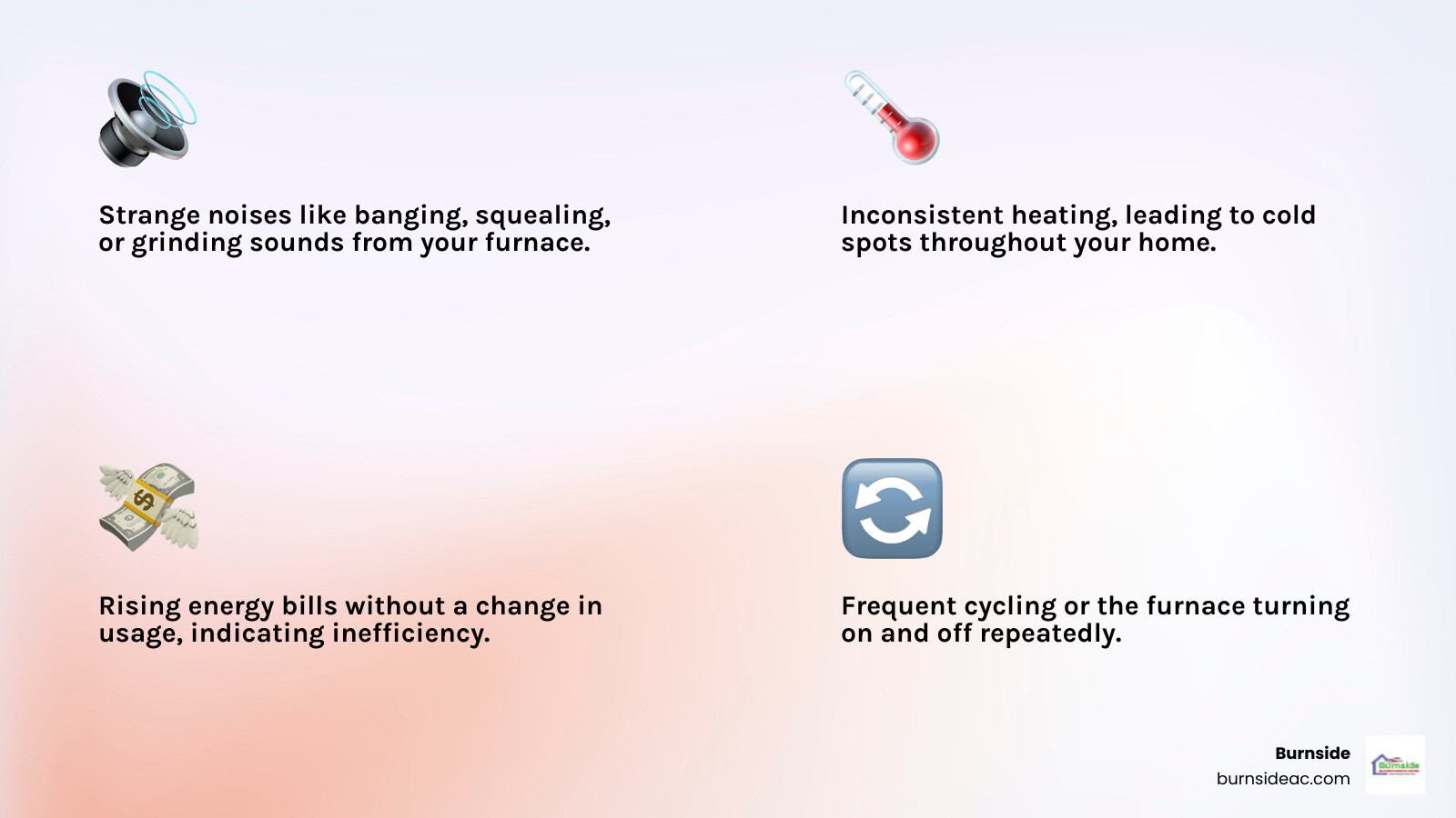 Infographic showing common furnace warning signs including strange noises, inconsistent heating, rising energy bills, frequent cycling, discolored pilot light, weak airflow, and unusual smells, with icons for each symptom and a thermometer indicating McKinney's winter temperature range - furnace repair in mckinney, tx infographic 4_facts_emoji_light-gradient