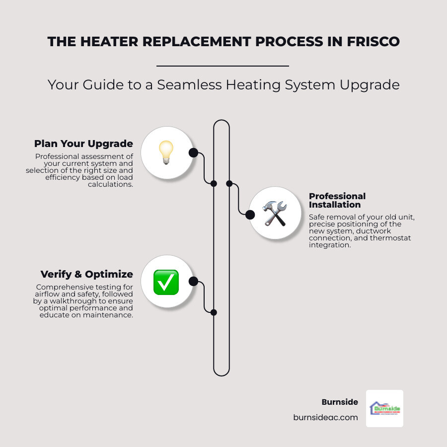 Infographic showing the heater replacement timeline including assessment, system selection with AFUE ratings, old unit removal with safety protocols, new unit installation with ductwork integration, comprehensive testing with airflow checks, and final walkthrough with maintenance instructions - Heater Replacement Process Frisco infographic infographic-line-3-steps-elegant_beige Infographic showing the heater replacement timeline including assessment, system selection with AFUE ratings, old unit removal with safety protocols, new unit installation with ductwork integration, comprehensive testing with airflow checks, and final walkthrough with maintenance instructions - Heater Replacement Process Frisco infographic infographic-line-3-steps-elegant_beige