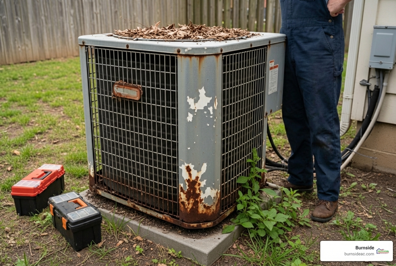 infographic showing signs an AC needs replacement including age over 15 years, frequent repairs, rising energy bills, poor cooling performance, and strange noises from the unit - ac replacement in allen, tx