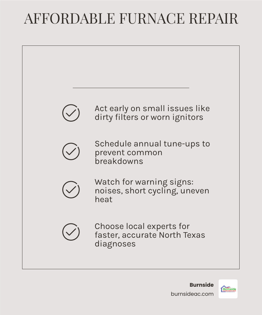 Infographic showing tips for affordable furnace repair in Melissa TX including maintenance, warning signs, and repair vs
