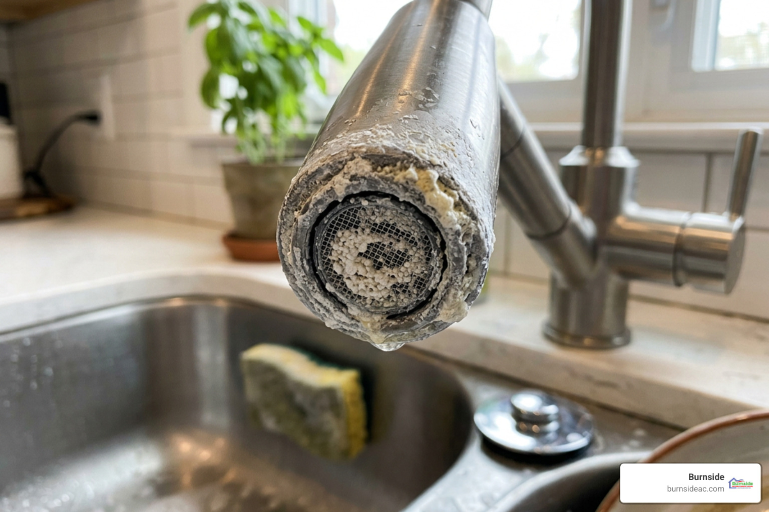 Close up of calcium and mineral deposits on a faucet aerator - faucet install & repair in celina tx