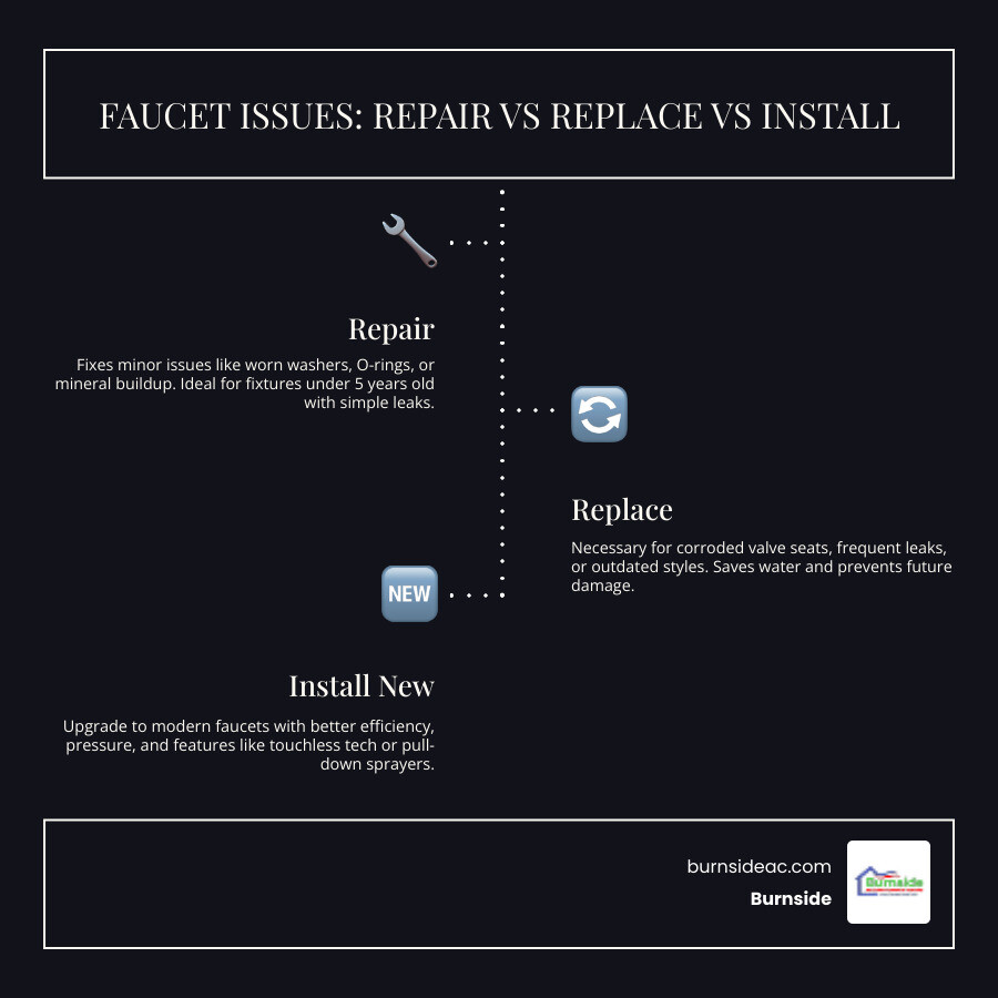 Infographic showing common faucet issues, when to repair vs replace, and steps for professional faucet installation in Anna