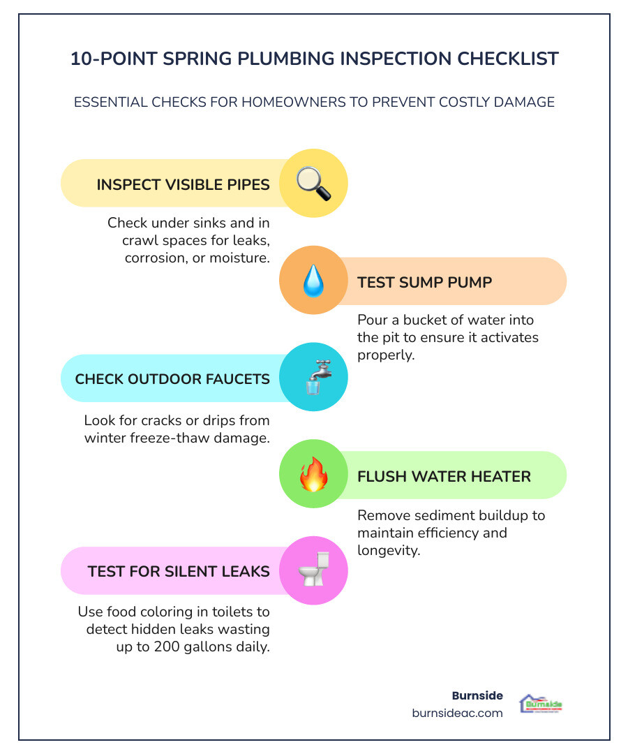 10-point spring plumbing inspection checklist for homeowners infographic - spring plumbing inspection tips for homeowners