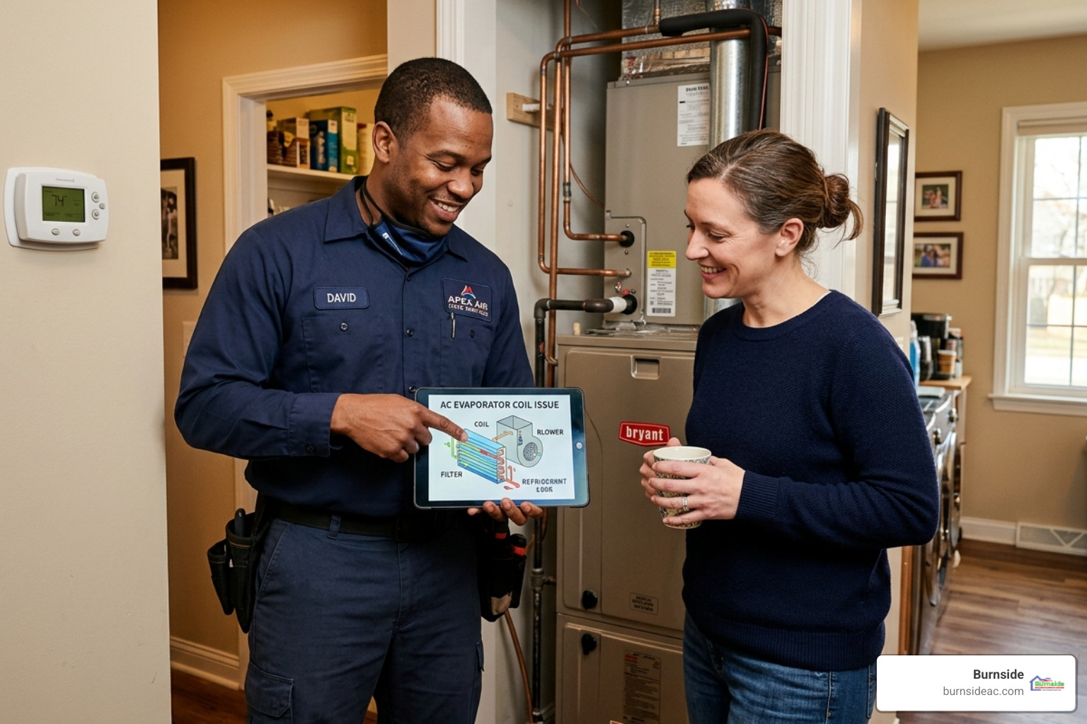 Technician explaining AC issue to homeowner - My AC unit is blowing warm air. Who are the best repair companies in McKinney