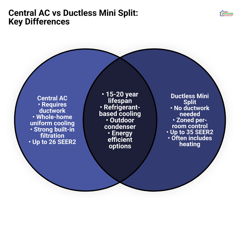 Infographic comparing ducted vs ductless airflow methods, SEER ratings, zoning, and installation for homeowners - central ac Infographic comparing ducted vs ductless airflow methods, SEER ratings, zoning, and installation for homeowners - central ac