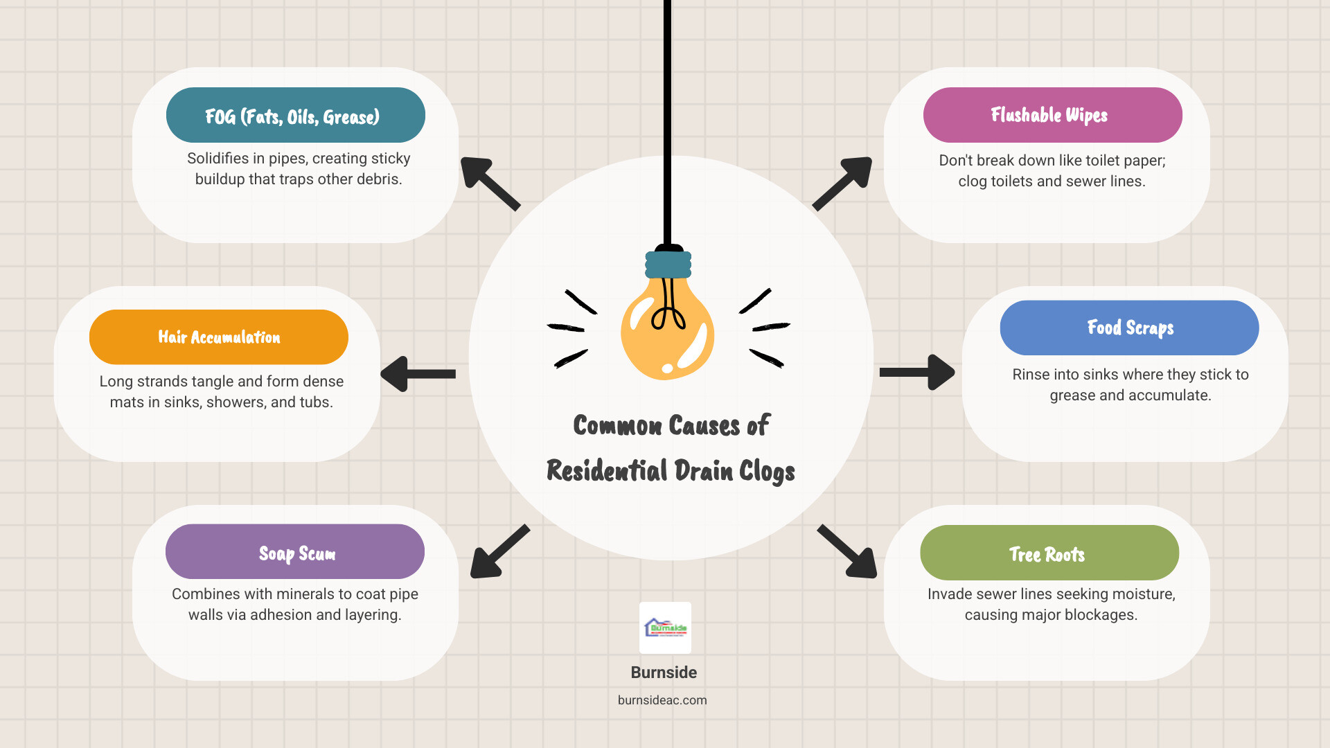 Common causes of residential drain clogs including FOG, hair, soap scum, and flushable wipes - how to prevent clogged drains Common causes of residential drain clogs including FOG, hair, soap scum, and flushable wipes - how to prevent clogged drains