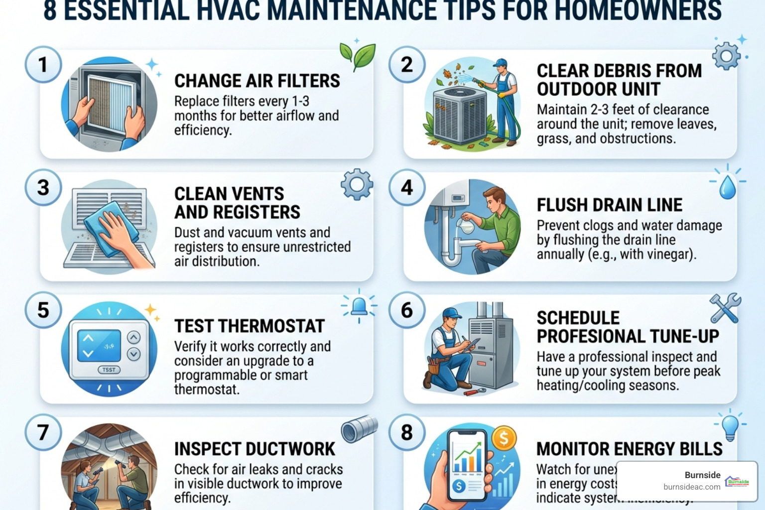 Infographic showing 8 essential HVAC maintenance tips for homeowners with icons for filters, outdoor unit, vents, drain Infographic showing 8 essential HVAC maintenance tips for homeowners with icons for filters, outdoor unit, vents, drain