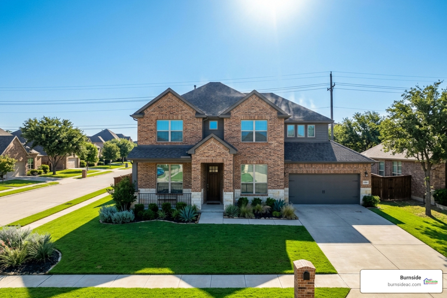 North Texas home exterior during intense summer heat with clear blue sky and bright sun - how north texas weather affects