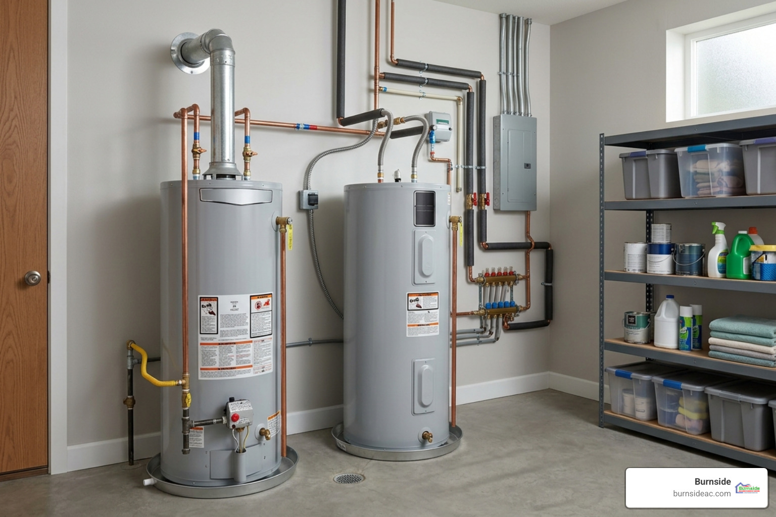 gas vs electric water heater in a modern home utility room - gas vs electric water heater comparison